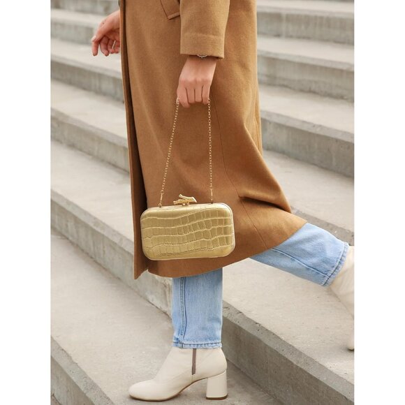 Women's Cream Crocodile Leather Formal Evening Shoulder Clutch Chain Strap Bag - Picture 6 of 6